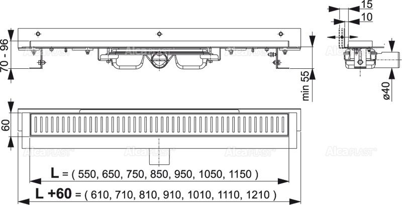 ALCAPLAST APZ104 Flexible Low alacsony Zuhanyfolyóka alaptest perforált rácsokhoz állítható peremmel a falhoz APZ104-850