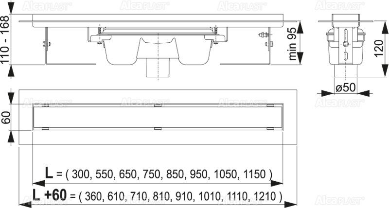 ALCAPLAST APZ1006 Professional Zuhanyfolyóka alaptest tömör rácshoz, függőleges lefolyóval APZ1006-850