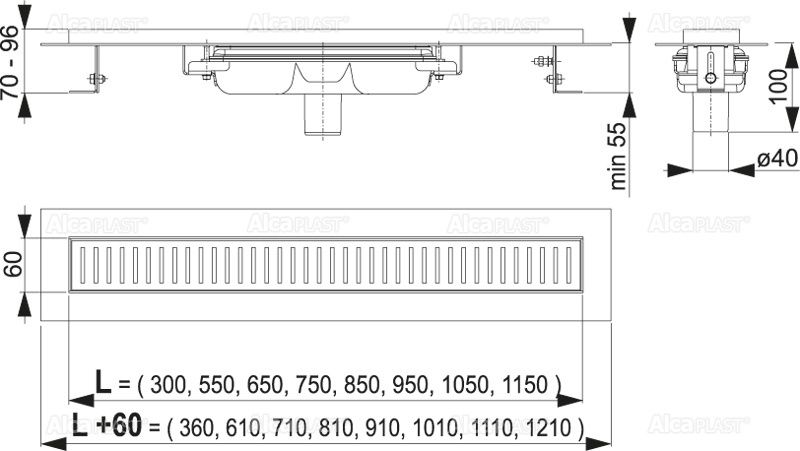 ALCAPLAST APZ1101 Low alacsony Zuhanyfolyóka alaptest perforált rácsokhoz függőleges lefolyóval APZ1101-850