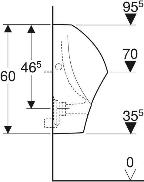 Geberit 501.666.00.1 Selnova háromszögletű vizelde, hátsó bekötésű, hátsó vagy alsó kifolyású