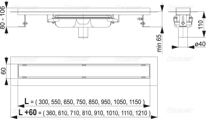 ALCAPLAST APZ1106 Professional Low alacsony Zuhanyfolyóka alaptest tömör rácshoz, függőleges lefolyóval APZ1106-850